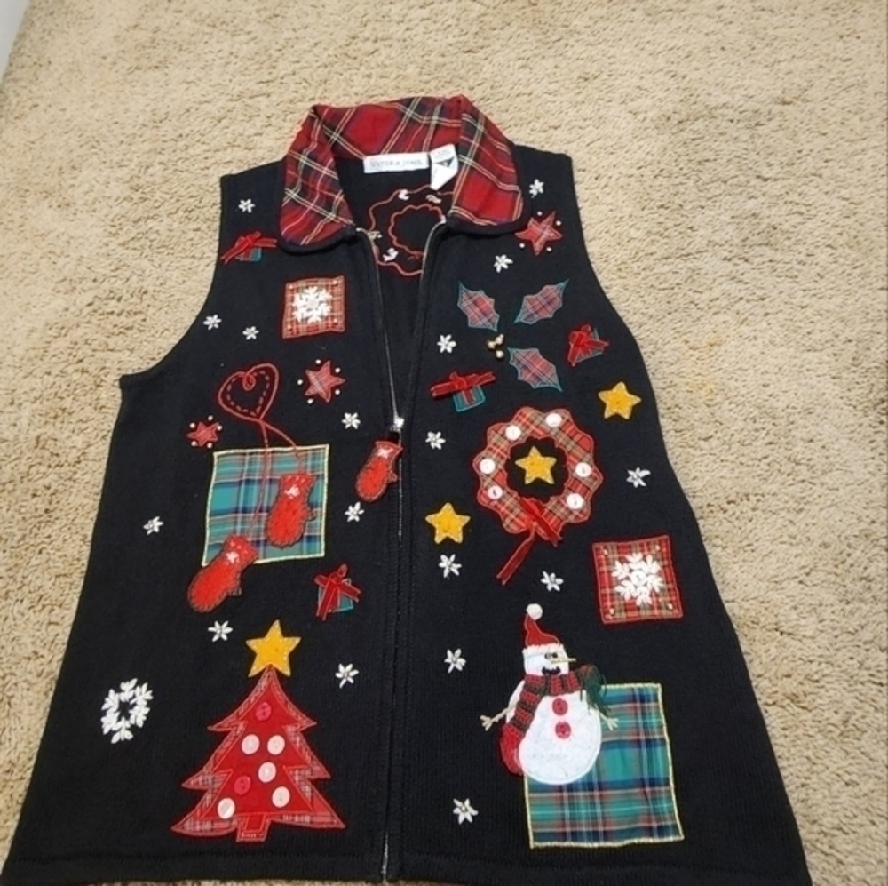 Victoria Jones VTG Black Knit Holiday Zip Up Sweater Vest‎ Cardigan Small Plaid
